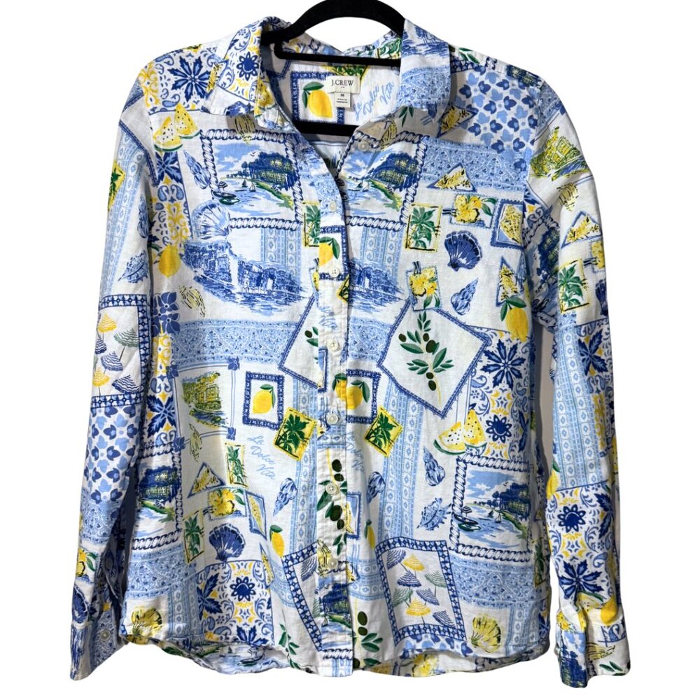 J.Crew “La Dolce Vita” Lemon Print Long Sleeve Linen Button Up Shirt – Size M